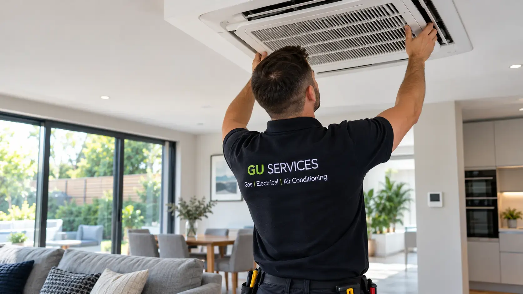 Illustration of a technician servicing a ceiling air conditioning unit in a living room