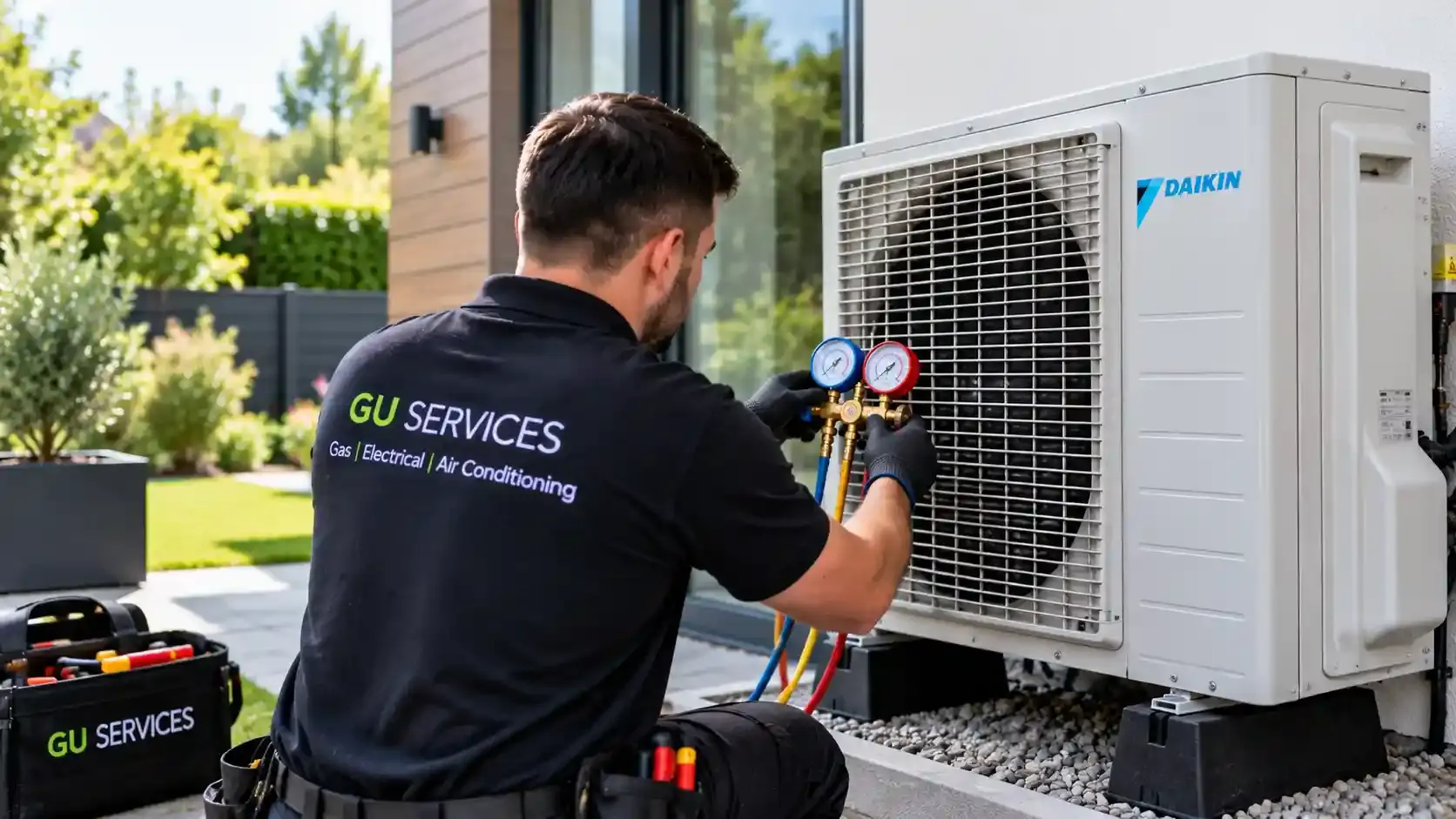 Illustration of a technician checking an outdoor air conditioning unit with pressure gauges