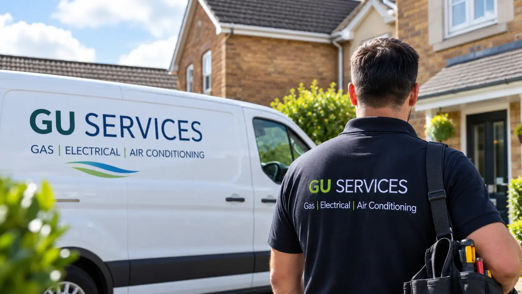 Illustration of a technician arriving at a home beside a GU Services branded van