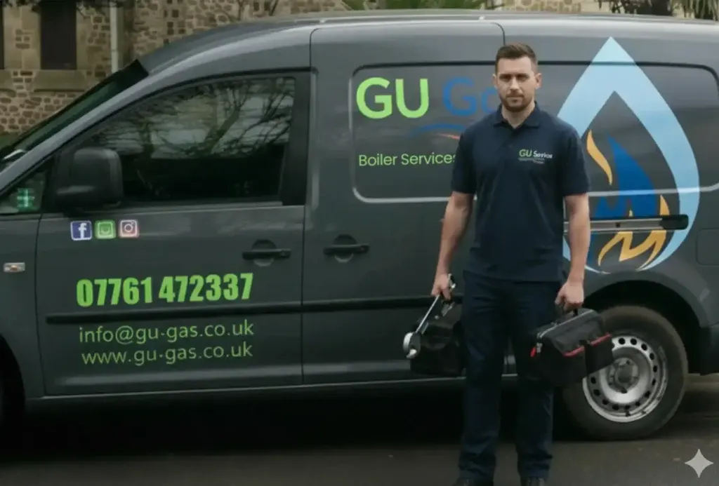 GU Services engineer with tools beside the branded company van