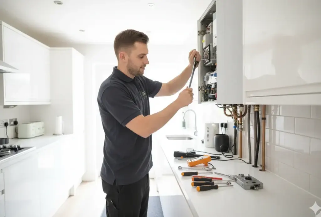 GU Services engineer inspecting a boiler in a domestic kitchen