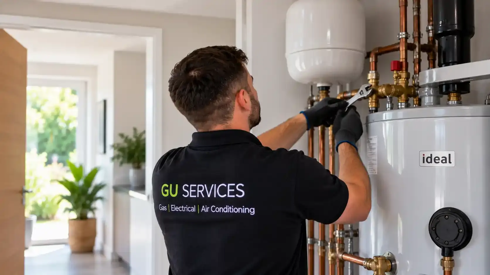 Plumber working on domestic pipework beside a hot water cylinder