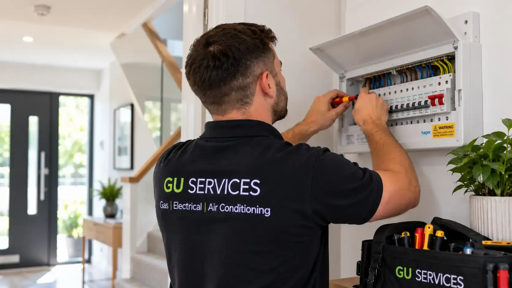 Illustration of an electrician inspecting wiring in a domestic consumer unit