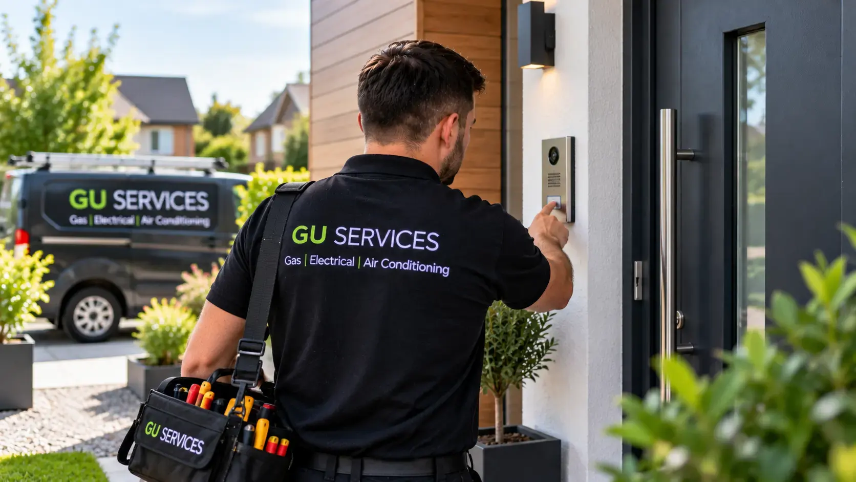 Illustration of a technician pressing a door intercom at a home entrance