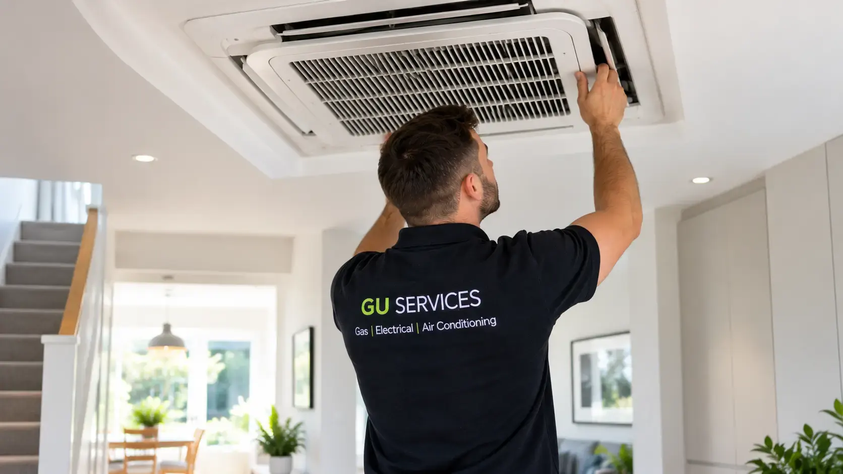 GU Services technician inspecting a ceiling air conditioning unit in a home