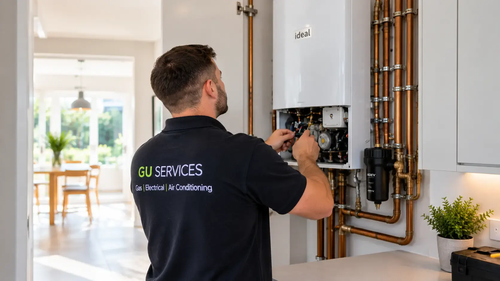 Illustration of a technician servicing a wall-mounted Ideal boiler