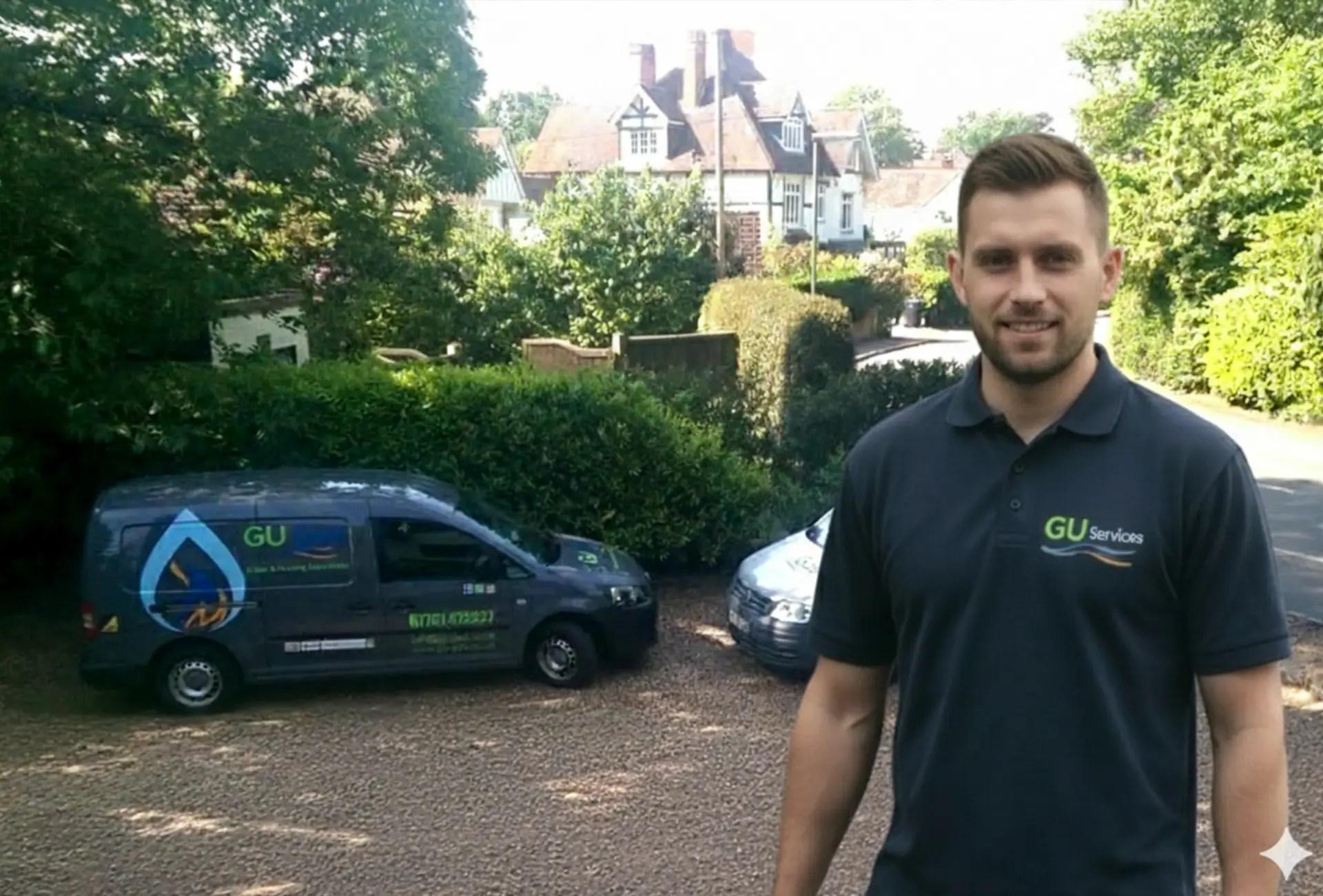 GU Services engineer outside a Surrey home with the company vans